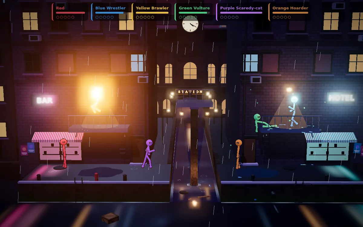 Flooded Street map: six fighters on a street at night, with rain, balconies and bar and hotel signs