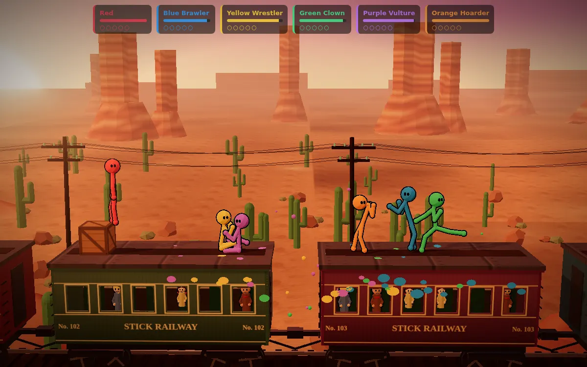 Six stick figures fighting on the roof of a train in the desert, in a Fisticks match